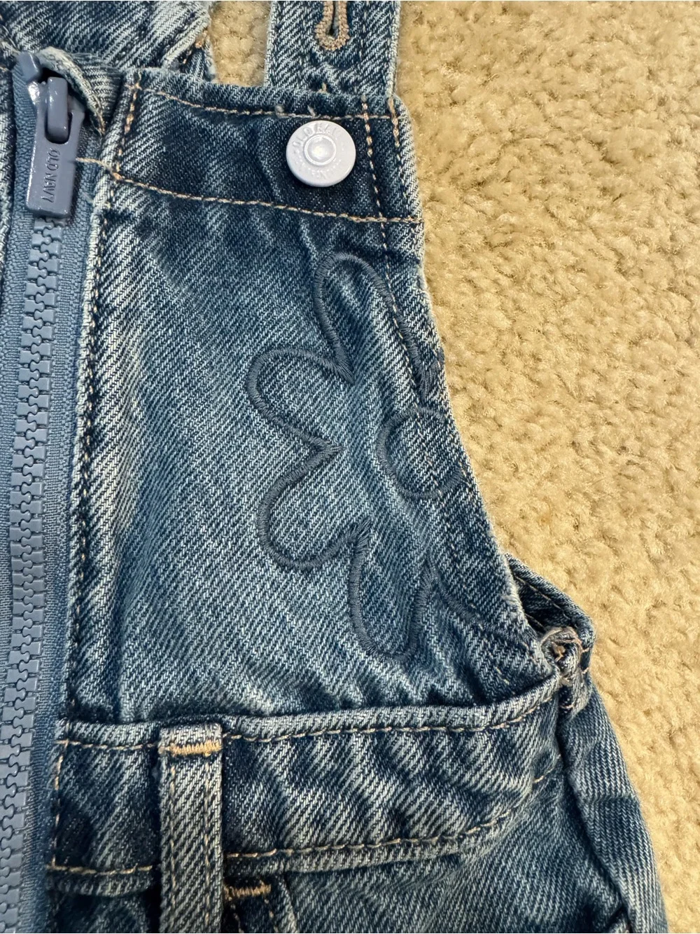Old Navy Girls Front Zip Denim Overall Dress w/ Embroidered Flowers